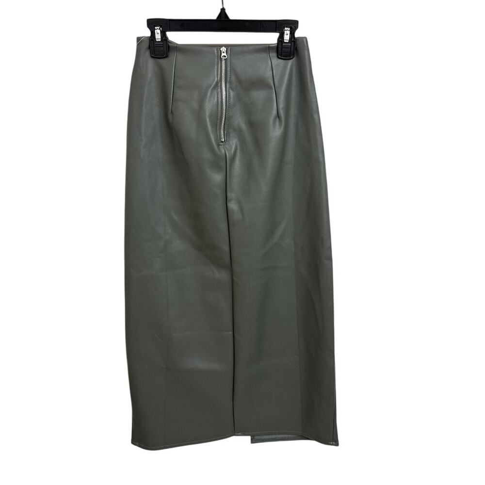 NWT Kirious Faux Leather High Rise Zip Back Festive Olive Green Midi Skirt XS - Picture 3 of 5